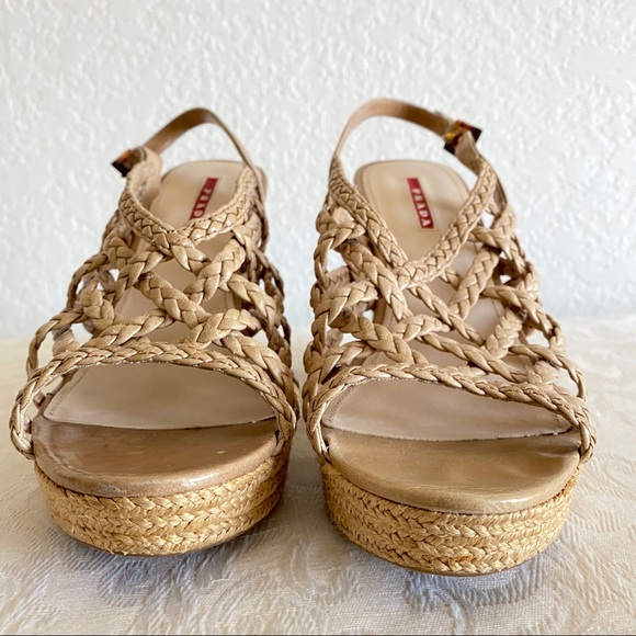 Prada beige Braided Leather Cage Wedge platform Espadrille Sandals - Picture 6 of 11